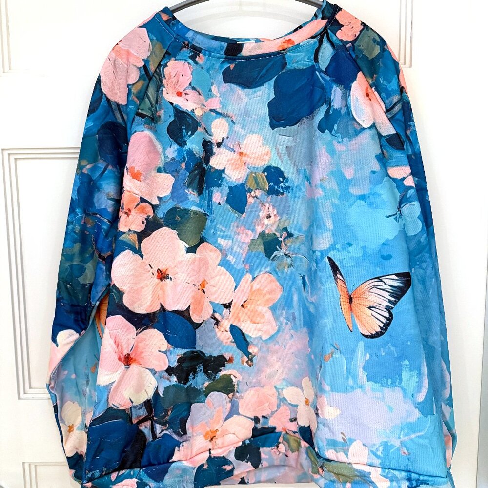 NEVER WORN - Size XL - Blue and Pink Floral Butterfly Sweatshirt